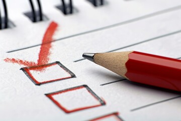 Red pencil is checking the box on a checklist on a white notebook