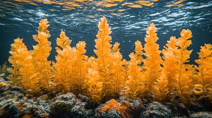 Golden kelp forest thrives on ocean floor.