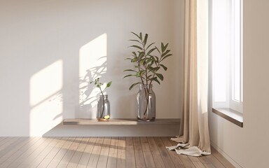 Growth and Prosperity, Minimalist room with plants, sunlight, and beige curtains.