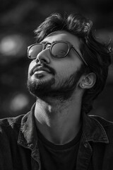Obraz premium A thoughtful man in sunglasses gazes upwards, reflecting on life amidst the beauty of nature.