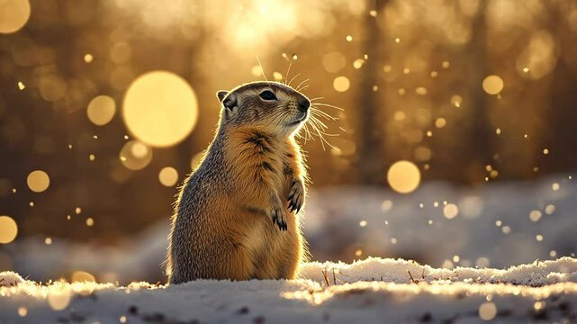 European Ground Squirrel Standing in Snowfall at Sunset