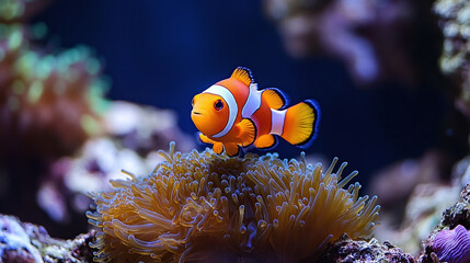 Sea or ocean underwater landscape with orange anemonefish clownfish, rocks on the bottom and colorful corals. aquatic marine wildlife, blue undersea environment fauna.