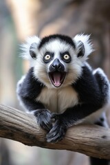 Obraz premium A striking black and white lemur showcasing its joyful emotion while perched on a tree branch.