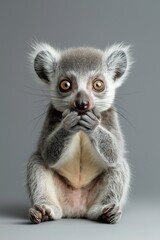 Fototapeta premium A playful lemur cub displays its curiosity and innocence with big eyes and tiny paws in a charming pose.