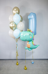 set of balloons for 1 year old, blue foil number one, latex helium balloons
