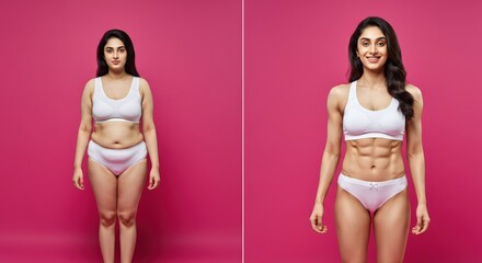 Fitness transformation of young female from average body to muscular physique against pink background