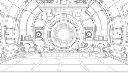 Intricate line art of a futuristic tunnel or spaceship interior. Ideal for sci-fi settings, blueprints, or technical illustrations.