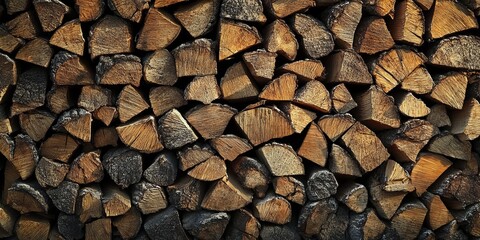 A wall of stacked firewood, showcasing the texture and pattern created by wood slabs arranged in an orderly fashion. The background is dark to highlight each piece of cut wooden planks