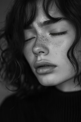 A girl with freckles displays deep emotional contemplation and a sense of vulnerability in her expression.