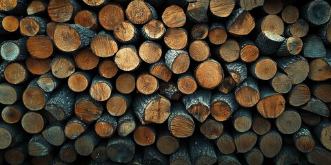 A wall of stacked firewood, showcasing the texture and pattern created by wood slabs arranged in an orderly fashion. The background is dark to highlight each piece of cut wooden planks