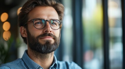 Obraz premium A thoughtful man with a beard wearing glasses