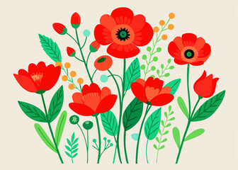 Vibrant Red Poppies Botanical Illustration with Green Leaves – Bold Floral Art