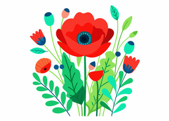 Vibrant Red Poppies Botanical Illustration with Green Leaves – Bold Floral Art