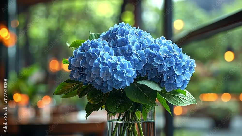 Poster a vibrant arrangement of blue hydrangeas sits in a clear vase on a table in a contemporary restauran
