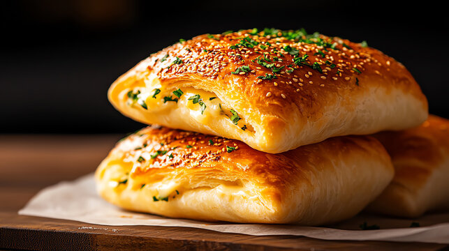 Closeup of Turkish bf6rek, layered with cheese and herbs, street food stall ambiance