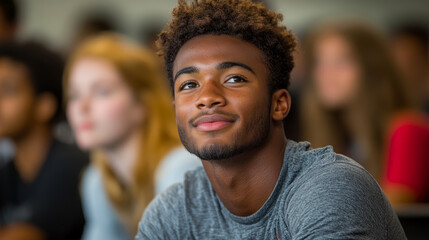Fototapeta premium Portrait of a thoughtful young man with a hopeful expression, sitting amongst a blurred audience in a lecture hall or classroom setting.