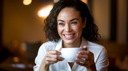 Close-up Portrait of a beautiful woman drinking a cup of coffee