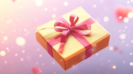 Fototapeta premium A golden gift box with red ribbon, surrounded by soft bokeh and hearts, evokes joy