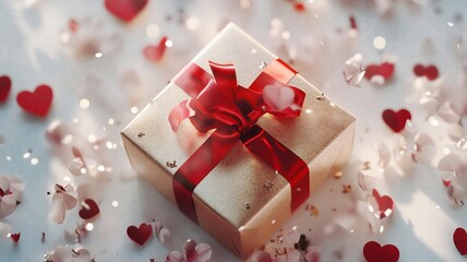 Fototapeta premium A golden gift box with red ribbon surrounded by heart shaped confetti, creating romantic atmosphere