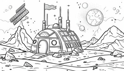 A space base on a barren planet with mountains and a satellite. Ideal for coloring pages, educational materials, or science fiction themes.