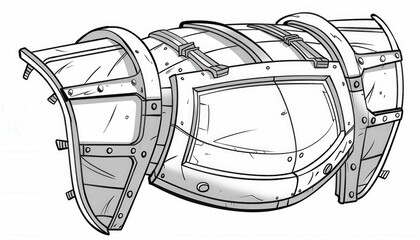 A segmented metal chest armor piece with wooden planks and metal bracing. Suitable for fantasy games as a wearable item for characters.