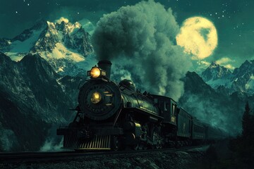 A vintage steam locomotive journeys through a mountainous landscape under a full moon, a breathtaking nocturnal scene.