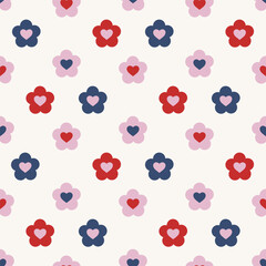 Seamless pattern with cute flowers and hearts in pink, red and blue colors