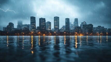 Fototapeta premium A city skyline covered in a powerful storm, with dark clouds hanging overhead and lightning reflecting off the glass windows of tall buildings.