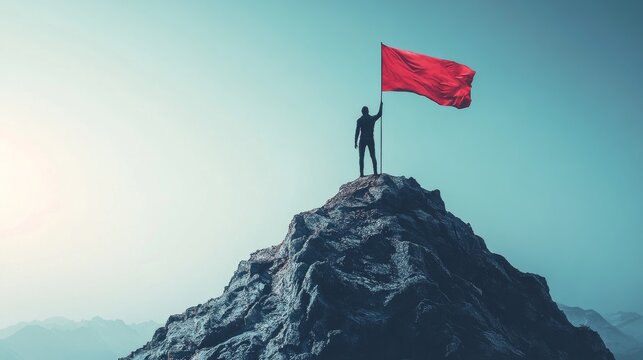 A lone figure plants a red flag atop a mountain peak
