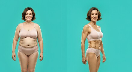 Fototapeta premium Body transformation journey of mature caucasian female on teal background illustrating weight loss success