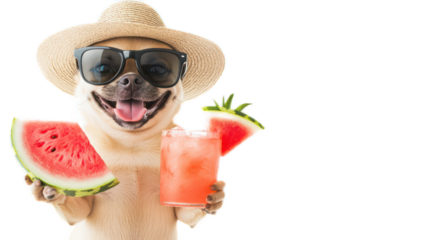 Joyful Dog in Sunglasses and Straw Hat Enjoying Summer with Watermelon and Refreshing Drink, Perfect for Fun and Playful Pet Themes