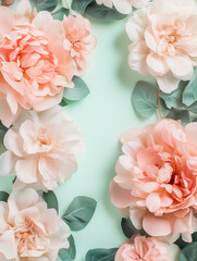 Flower arrangement with soft pink peonies on mint green background