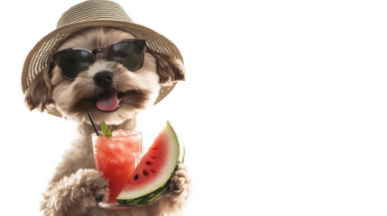 Cute dog in sunglasses and straw hat enjoying a refreshing drink and watermelon slice in a fun summer tropical vibe, perfect for seasonal promotions and lifestyle concepts.