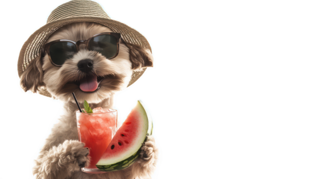 Cute dog in sunglasses and straw hat enjoying a refreshing drink and watermelon slice in a fun summer tropical vibe, perfect for seasonal promotions and lifestyle concepts.