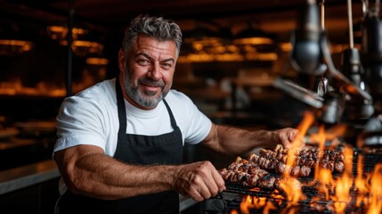 Chef grilling skewered meat over an open flame in a bustling kitchen environment