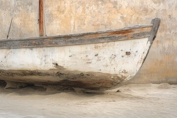 A weathered, old wooden boat rests on a sandy beach against a textured wall.