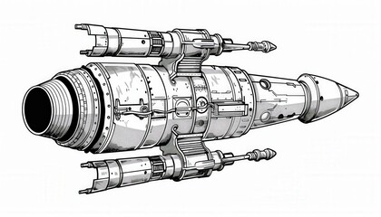 A retro-futuristic rocket ship design with intricate details perfect for science fiction projects games or graphic design applications. This vintage-inspired spaceship evokes a sense of classic space 