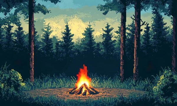 A serene pixel art campfire scene in a forest.