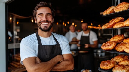 Young baker smiles proudly in a cozy bakery showcasing fresh pastries and warm ambiance