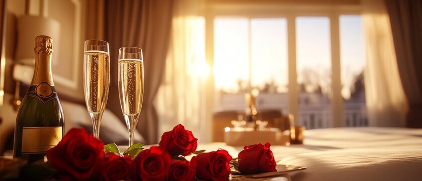 A romantic hotel room with champagne, roses, and sunset ambiance