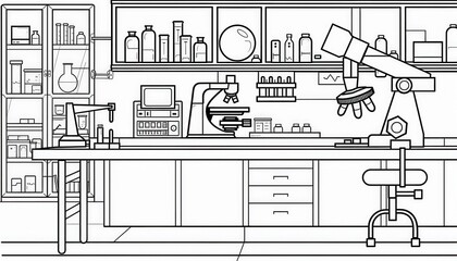 A simple yet detailed illustration of a science lab ideal for educational resources coloring pages or decorative purposes. It depicts various scientific equipment.