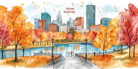 Watercolor illustration for National Boston Day depicting an autumn park scene with colorful foliage, people walking, and city architecture in the background.