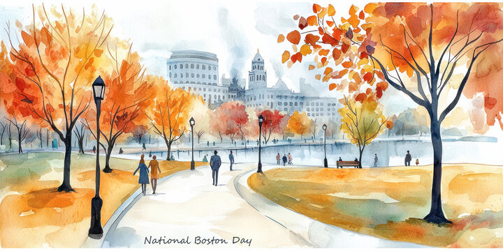 Watercolor illustration for National Boston Day depicting an autumn park scene with colorful foliage, people walking, and city architecture in the background. - Powered by Adobe