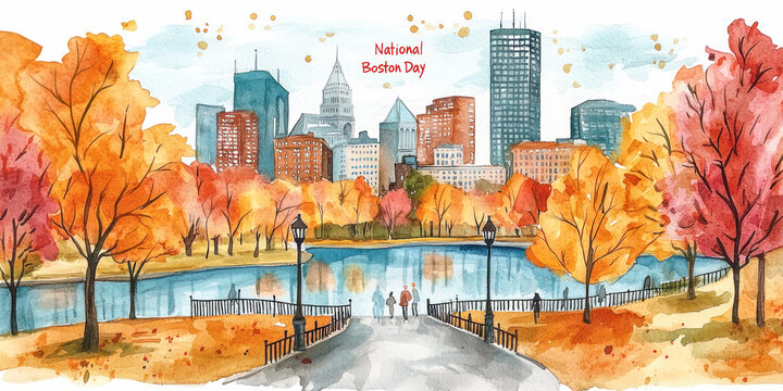 Watercolor illustration for National Boston Day depicting an autumn park scene with colorful foliage, people walking, and city architecture in the background.