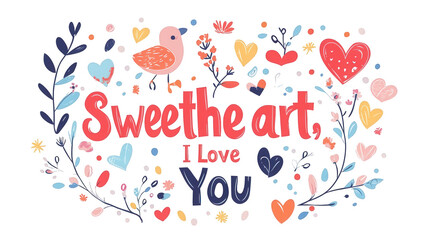 Valentine's Day Flat Vector Design with "Sweetheart I Love You," transparent background, isolated on white, PNG file