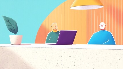 Obraz premium Vibrant Digital Illustration: Two Figures Collaborate on Laptop, Modern Office Setting. AI Generated