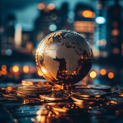 digital globe sitting on coins or bitcoins