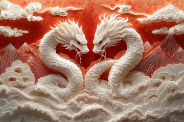 Obraz premium Two Intertwined Snakes Creating Yin Yang Symbol Against Red Background