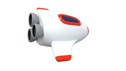 A 3D rocket toy viewed from the rear, showcasing its white body, red accents, and blue window. This playful design is ideal for children's toys and space-themed projects.