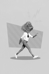 Creative artwork headless caricature manager woman overworked rock head exhausted stressed walking...